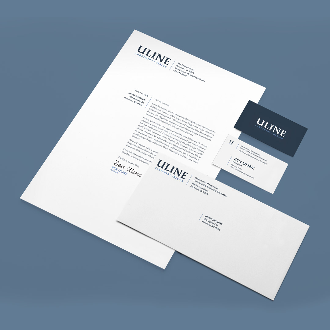 Cover letter, business letter, and envelope for Uline Carpentry & Design.